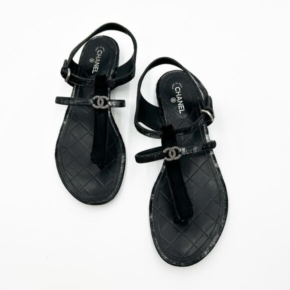 Chanel CC Logo Sandals Black Suede and Calf Hair Metallic Flats Size Eu 39 US 8- - Picture 3 of 11